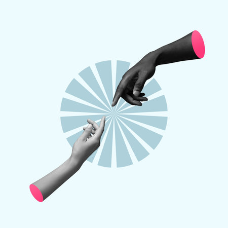 Touch of two hands isolated on light background. Modern art collage.の写真素材