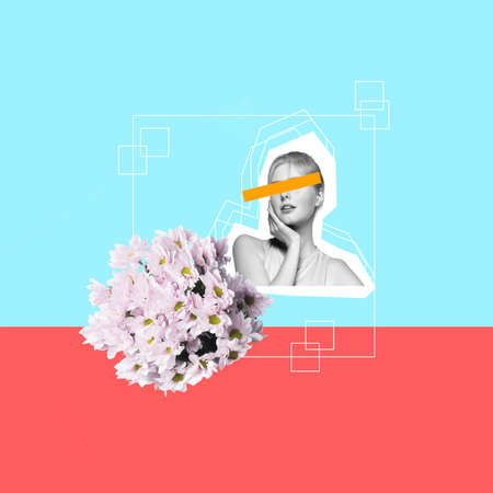 Contemporary art collage. Young beautiful girl and bunch of flowers.