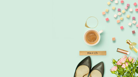 Flyer. Composition for International Womens Day over blue backgroundの写真素材