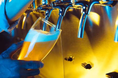 Hand of bartender pouring a draft lager beer from tap to glass in neon light.の写真素材