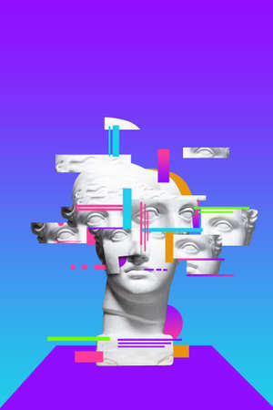 Contemporary art collage with antique statue head in a surreal style.の写真素材