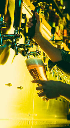 Hands of female barman pouring a cold lager beer from tap to glass in neon lightの写真素材