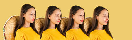 Young beautiful girl with different emotions isolated over yellow background.の写真素材