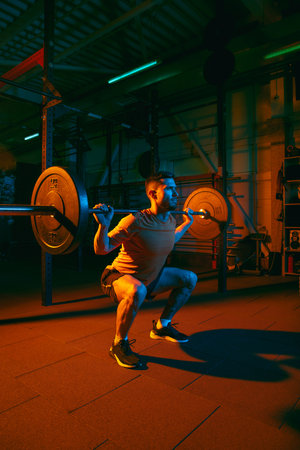 Young athletic man, fitness instructor training in gym in mixed neon light.の写真素材