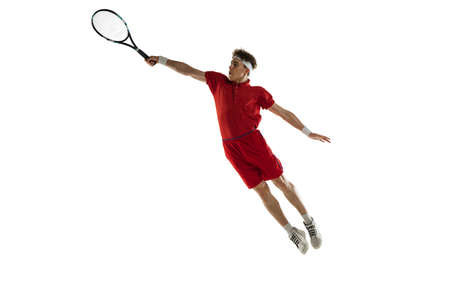 Portarit of Caucasian man, professional tennis player isolated on white background.の写真素材