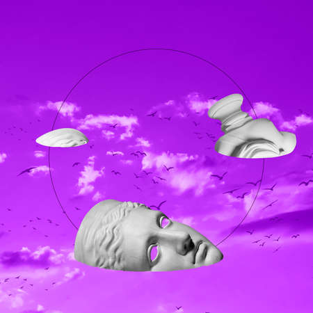 Contemporary art collage with antique statue head in a surreal style.の写真素材
