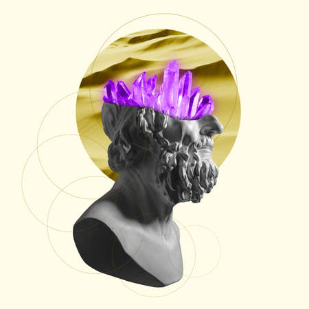 Contemporary art collage with antique statue bust in a surreal style.の写真素材