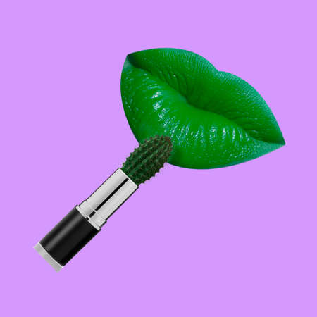 Contemporary art collage. Female green lips with lipstick isolated over purple backgroundの写真素材