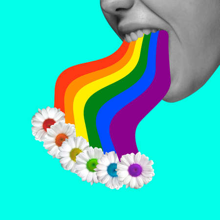 Contemporary art collage. Young girl and rainbow isolated over blue background.の写真素材