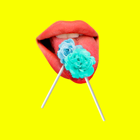 Contemporary art collage. Female sensual lips with floral lollipop isolated over yellow backgroundの写真素材