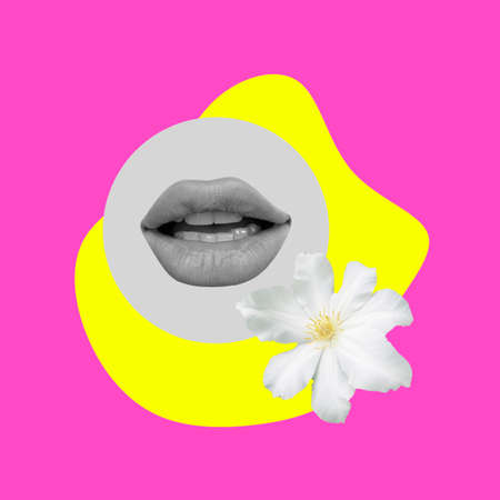 Sexy womans mouth and flower isolated over pink yellow background. Contemporary art collage