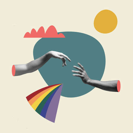 Contemporary art collage. Female and male hands isolated over light background.