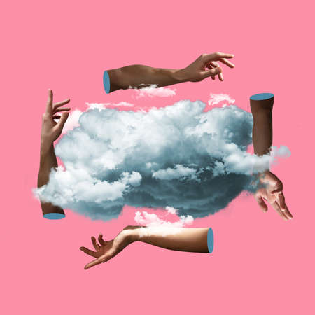 Hands aesthetic on bright background, artwork. Concept of human relation, community, togethernessの写真素材