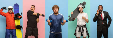 Collage of five young men different professions isolated on multicolored background