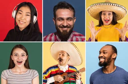 Collage of portraits of an ethnically diverse isolated over multicolored background.の写真素材