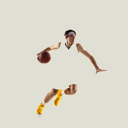 Contemporary art collage. Professional male basketball player playing isolated on light background.の写真素材