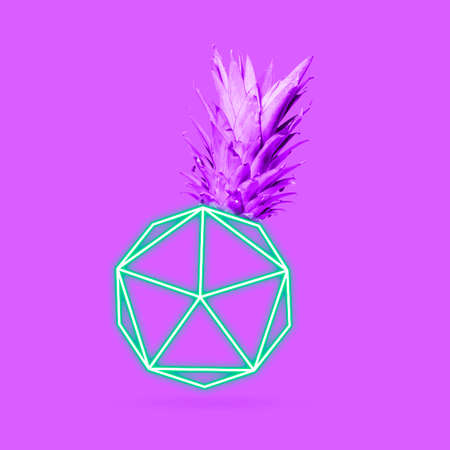 Juicy fluorescent fruits. Alterntative pineapple isolated over bright purple neon background. Modern design. Contemporary art. Creative conceptual and colorful collage surrealism style. New look.の写真素材