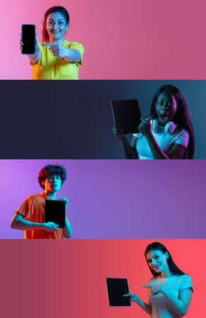 Collage of portraits of 4 different young people isolated over multicolored background.の写真素材