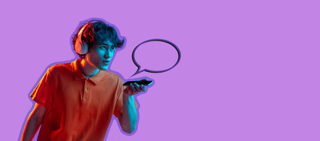 One Asian young man isolated over purple background in neon light. Flyer, poster