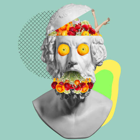 Surrealism. Contemporary art collage with antique statue bust in a surreal style.