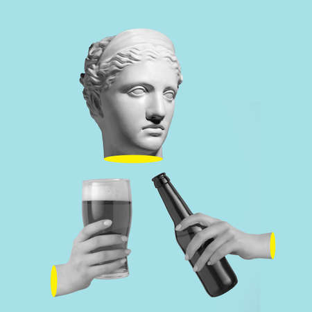 Contemporary art collage with antique statue head in a surreal style.の写真素材