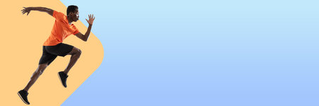 One young African-American man, athlete isolated blue orange background. Flyerの写真素材