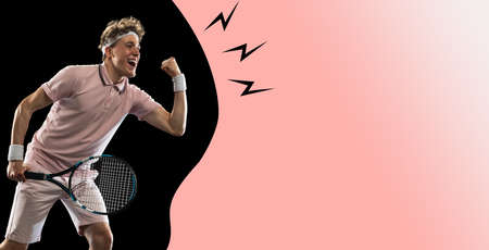 One Caucasian man, professional tennis player isolated on black pink background. Flyer, magazine styleの写真素材