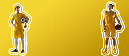 Soccer footbal player and basketball player standing isolated over orange color background. Flyerの写真素材