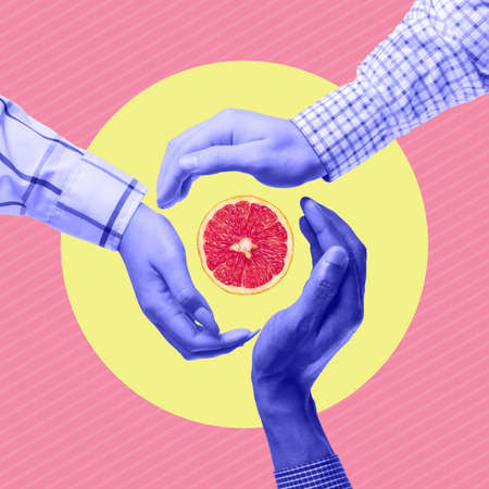 Sweet taste. Many hands with grapefruit on abstract color summer background. Copyspace to text....