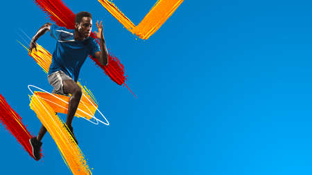 Sportive athletic man, runner training isolated in neon light on blue background. Art collage....