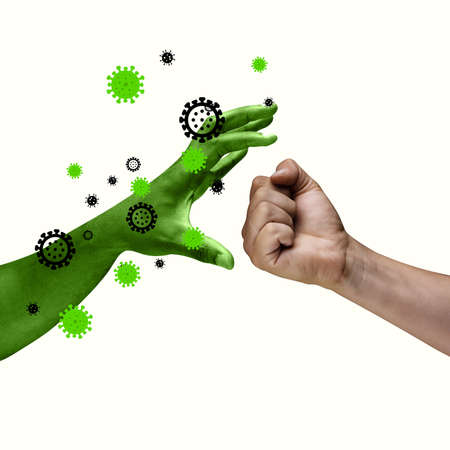 Contemporary art collage. Human hand against infection, microbes isolated over light background.