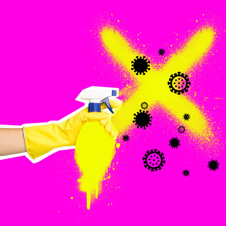 Contemporary art collage. Female hand in glove stopping microbes isolated over pink yellow neon background.の写真素材