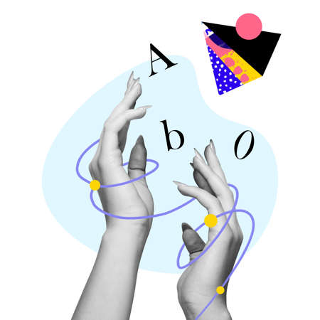 Contemporary art collage. Human hands isolated over light background.の写真素材