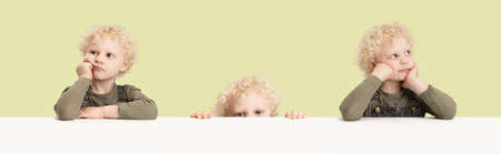 Collage of images of one little preschool boy isolated over light studio background.