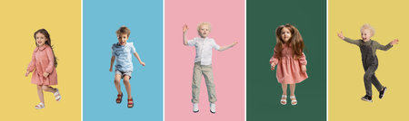 Collage of three little kids, boys and girl jumping isolated on multicolored studio background.