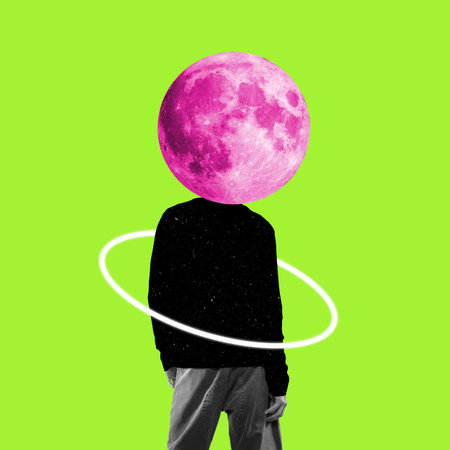 Surrealism. Male model with pink planet istead of head. Concept of modern art, design, fashion.の写真素材