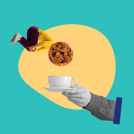 Creative art collage demostrating a man diving into cup of coffee like cookie. Abstract minimalism.の写真素材