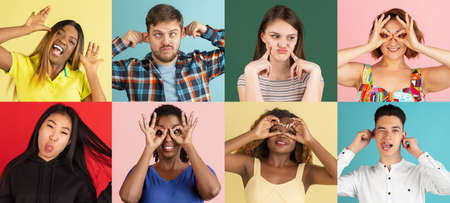 Collage of portraits of an ethnically diverse people demonstrating different emotions isolated over multicolored backgrounds.の写真素材