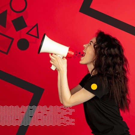 Curly young woman screaming into megaphone surrounded by geometric shapes instead of musical notes. Creative image, collageの写真素材