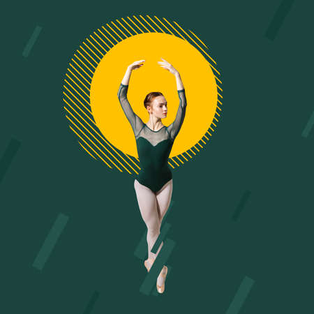 Art collage. Portrait of young female ballet dancer isolated over green background with large yellow circle. Full-size imageの写真素材
