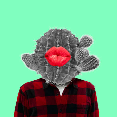 Trendy conceptual artwork. Cactus instead of head. Minimal cactus design. Concept of creativity and inspiration.の写真素材