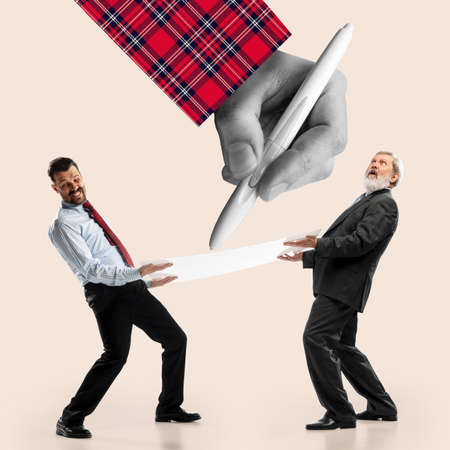 Creative image of two men in business clothes holding large sheet of paper on light background.