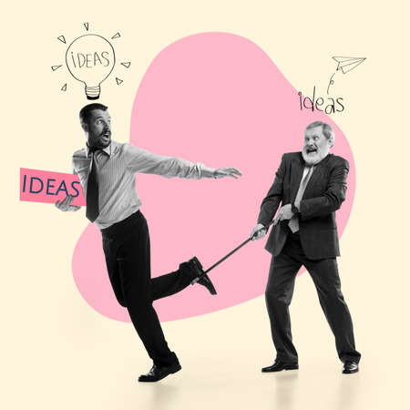 Stealing ideas. Images of two business men one holding another with cane by his leg. Creativity and...