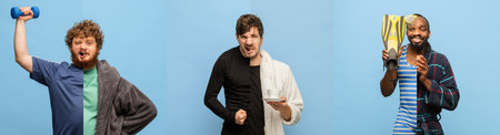 Collage of cropped portraits of 3 young men in various clothes isolated over blue studio background.の写真素材