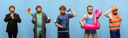 Collage of five photos of young caucasian man in different images isolated on blue studio background. Flyerの写真素材
