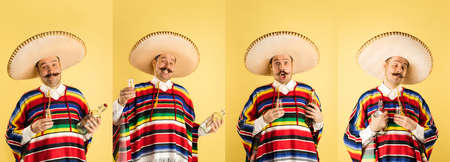 Collage of 4 portraits of young man in ethnical mexican clothes with bottle fo tequila isolated over yellow studio background.の写真素材