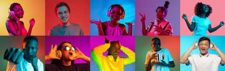 Collage of many ethnically diverse people demonstrating various emotions isolated over multicolored neon backgrounds. Flyerの写真素材