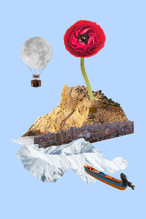 Contemporary art collage, creative artwork. Huge red flower grows from mountain over light blue background.の写真素材