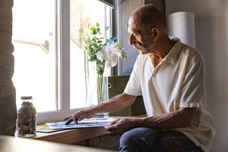 Mature or senior painter or artist with graphite crayon in front of camera. Man in a paint-stained shirt working at studioの写真素材