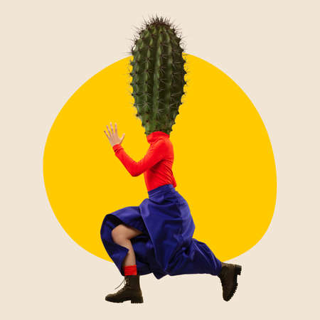 Cactus head. Modern art collage. Minimalism in art. Floral pattern, contemporary artworkの写真素材